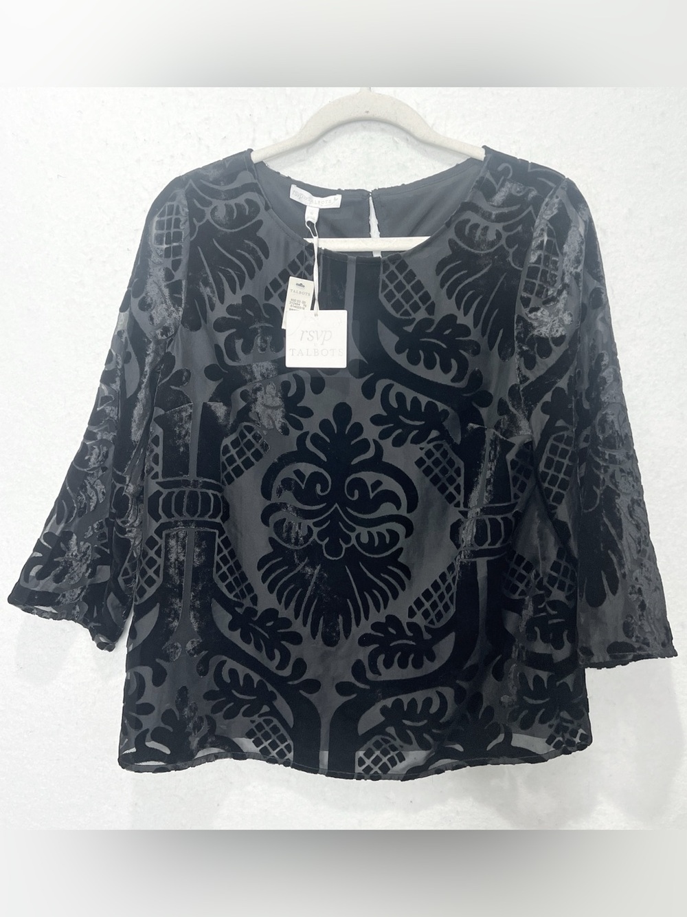RSVP by Talbots Black Velvet Burnout Blouse Small Devore 3/4 Sleeve NWT Damask - Picture 2 of 8
